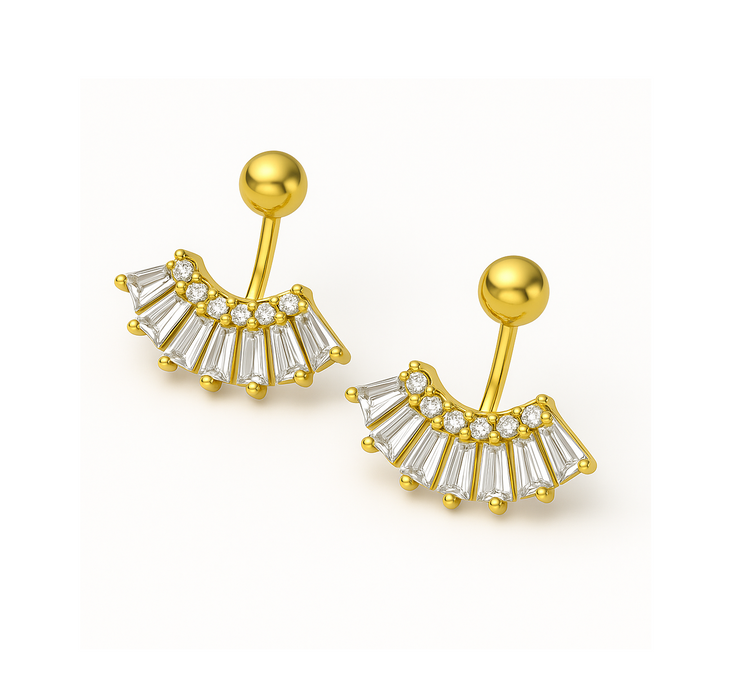 Elegant gold earrings featuring a fan design with sparkling clear gemstones for a chic look.